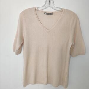 InCashmere Cream Short Sleeve V-Neck Sweater Size Large Quiet Luxury